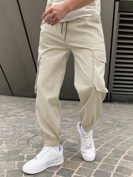 

men solid slant pocket cargo pants 83wu#, Black