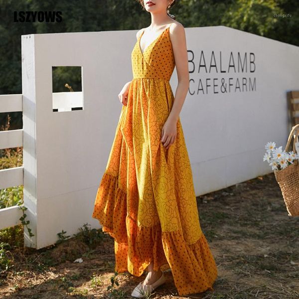 

bohemian beach maxi dress women v-neck floral print yellow party dress summer backless lace up vintage long dresses vestido1, Black;gray