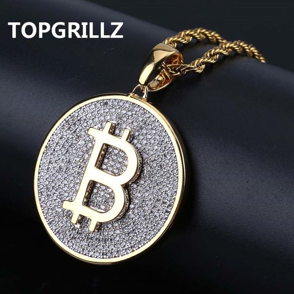 

rillz gold color iced out round micro pave full cubic zircon big bitcoin pendant necklace charm for men women hiphop jewelry 201013, Silver