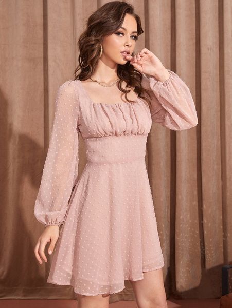 

ruched bust lantern sleeve swiss dot dress 42ra#, Black;gray