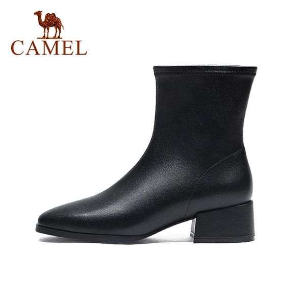 

boots camel sock stretch shoes women square toe thick mid-heel short fashion ankle british 2021 autumn fall, Black