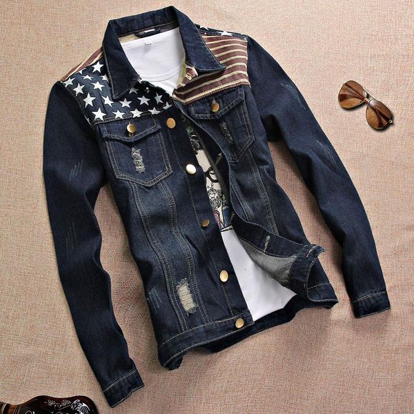 

men's jackets nice mens denim jacket flag embroidery design brand casual hole jeans blue scratched patchwork coat male clothing, Black;brown