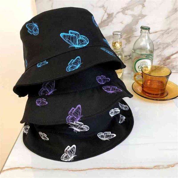 

butterfly double-sided print bucket hats women bob men autumn winter panama hat hip hop caps foldable fishing sun fisherman hat, Blue;gray