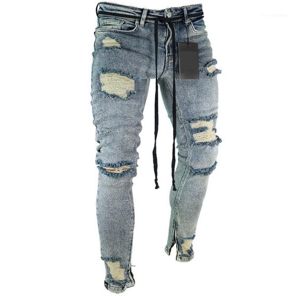 

men's jeans european american fashion streetwear men's skinny fit destroyed ripped broken punk pants homme hip hop men11, Blue