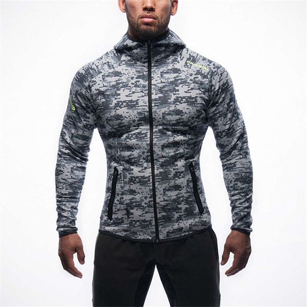 

muscle brother fitness thickened hooded men's casual tight camouflage sweater outdoor sports training clothes, Gray