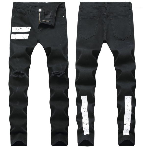 

men's jeans starbrand white painting mens black fashion street style distressed skinny printed pencil pants for man1, Blue