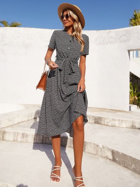 

ditsy floral button front belted dress q47w#, Black;gray