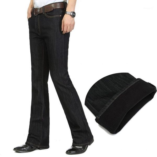 

men winter thickening boot cut jeans mid waist plus velvet business casual flares worm trousers plus size 26-381, Blue