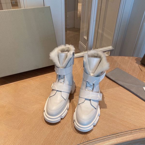 

designer womens boots luxury white buckle embellished with fluff leather round head high heel with box size 35-40, Black