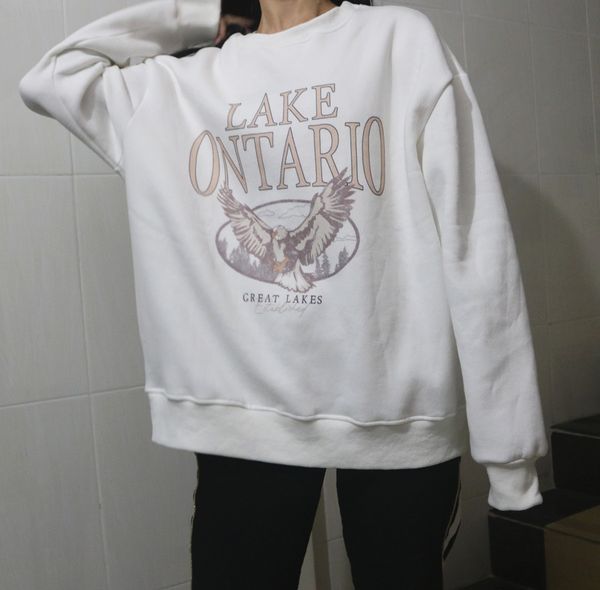 

beige white vintage letter printed thick quality crewneck sweatshirt women oversized winter clothes loose casual streetwear q1217, Black;white