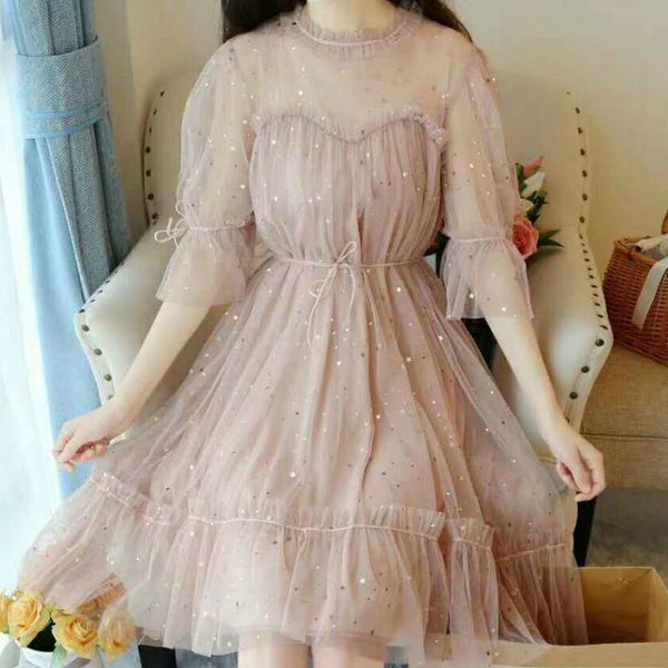 

spring/summer girl sweet mesh dress temperament fairy gentle retro mesh dress bubble sleeve perspective lolita girl stars, White;black