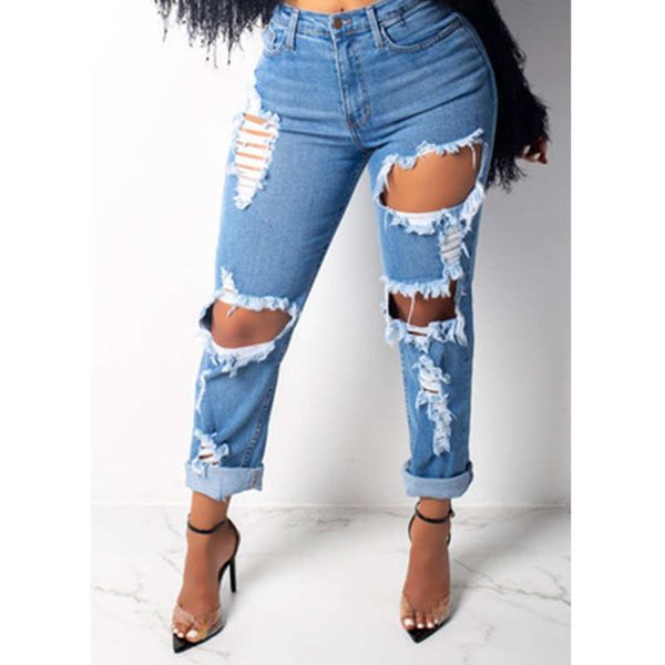

12020 jeans women's spring fashion big hole elastic leggings, Blue
