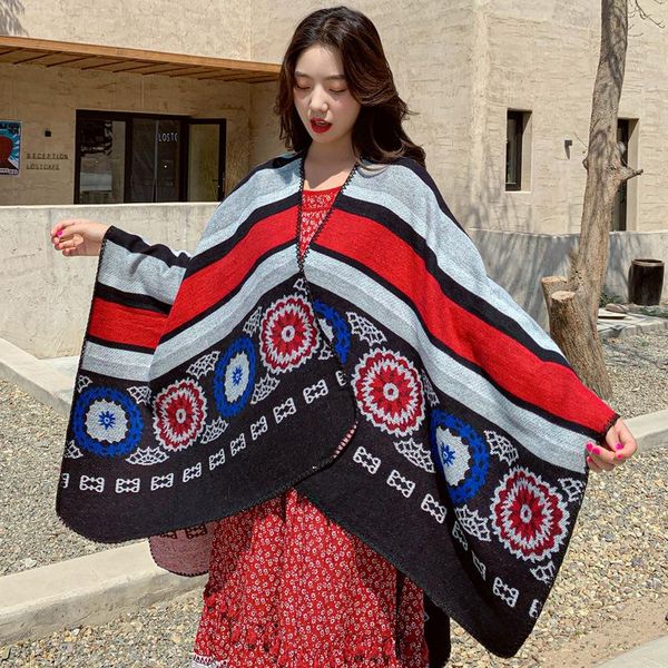 

scarves royalmaybe retro ethnic style shawl scarf dual-use thickened warmth female winter imitation cashmere travel cloak poncho, Blue;gray
