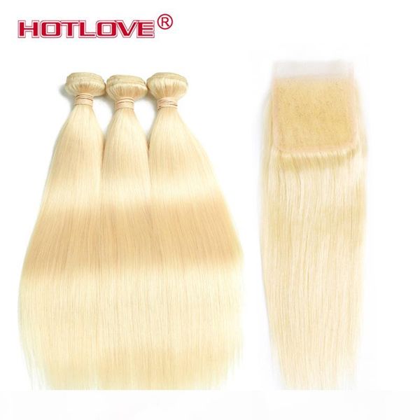 

ove human hair 613 blonde color 3 bundles straight hair weaving with 4*4 lace closure 4 pcs lot, Black