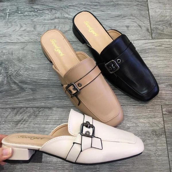 

fashion women slippers black beige khaki color shallow slip on buckle slides mules shoes woman flats low heeled pumps size 35-39