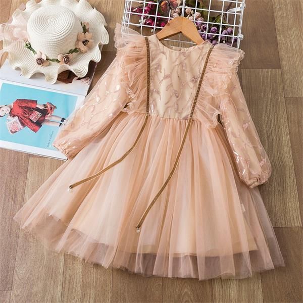 

wholesale 2021 spring girls party dress lace long sleeves solid color girl cake dresses for weddings kids children clothes e2181, Red;yellow