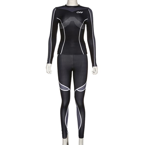 

allukasawomen high elastic tracksuit fitness two pieces set full sleeve + waist leggings print striped sporting outfits c0122, Gray