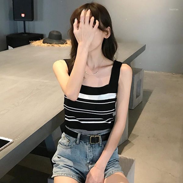 

summer women's v-neck mesh gauze camis fashion striped strap tank, White