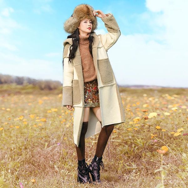 

store winter jessica's women casual loose thicken warm horn button hooded suede lambswool patchwork long coat outerwear1, Black