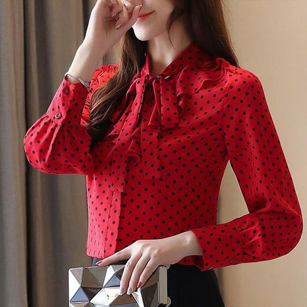 

blusas femininas shirts 2019 ladies long sleeve button bow white clothing polka dot v neck blouse for women 0226