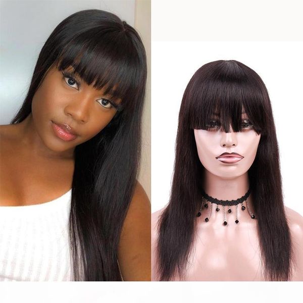 

hd transparent lace front wig bangs real glueless straight pre plucked full lace human hair wigs with bangs for black women, Black;brown