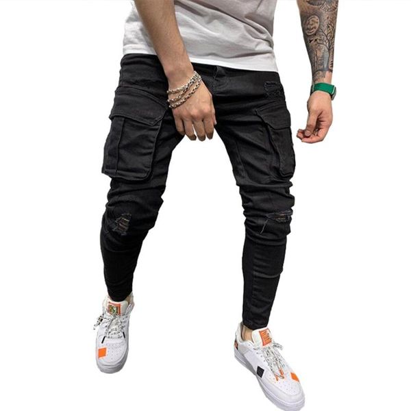 

men's jeans men denim pants long trousers skinny biker destroyed stretchy black pockets decor for, Blue