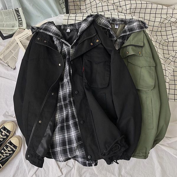 

fake two-piece hooded jacket men's fashion casual retro check jackets mens streetwear loose hip hop bomber jacket men m-5xl1, Black;brown