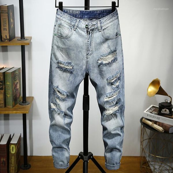 

new men's light-colored ripped jeans skinny feet ripped knee hip-hop street fashion jeans denim trousers1, Blue