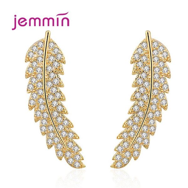 

authentic 925 sterling silver leaf leaves clear cz zircon stud earrings for women girls fashion earrings jewelry, Golden;silver