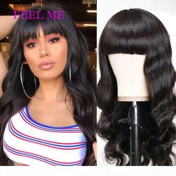 

feelme human for black women natural brazilian body wave hair with bangs remy fringe wigs, Black;brown