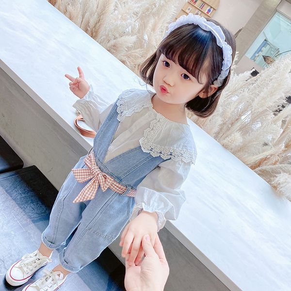 

2021 new kids clothing sets lace girls shirt+denim overalls+belt 3pcs/set children clothes outfits 1-6y 2 color hy4s, White