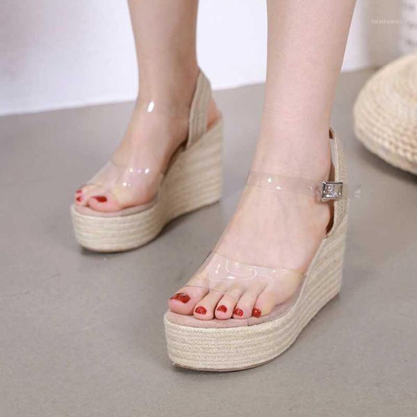 

summer newthick-soled high-heeled sandals women transparent color buckle wedge heel women's shoes roman style round head sandals1, Black