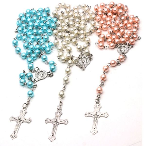 Lange 6 mm Glasperlen-Rosenkranz-Halskette für Hochzeit, Kreuz, religiöser Gebetsschmuck