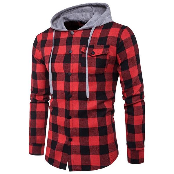 

nibesser men's fashion shirt cotton full sleeve hooded plaid shirt man casual streetwear chest pocket design cowboy, White;black