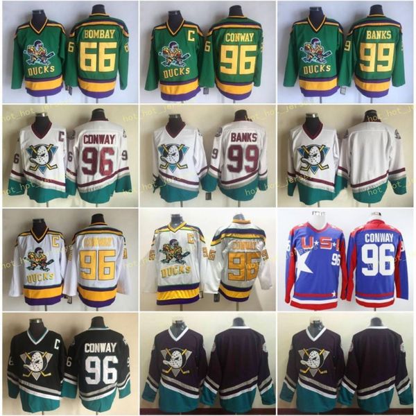 

anaheim ducks 96 charlie conway movie ice hockey jerseys 99 adam banks 1993 vintage mighty ducks breathable stitched purple green white blue, Black;red