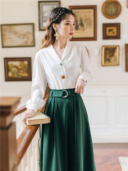 

2021 female spring upper sleeve assemblies full white shirt 2 piece suit and mid-calf green skirt define feminine 53eg