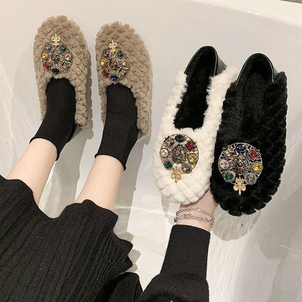 

multicolor crystal fur moccasins femme metal buckle furry flats two ways winter cotton shoes women diamond plush loafers 2020, Black