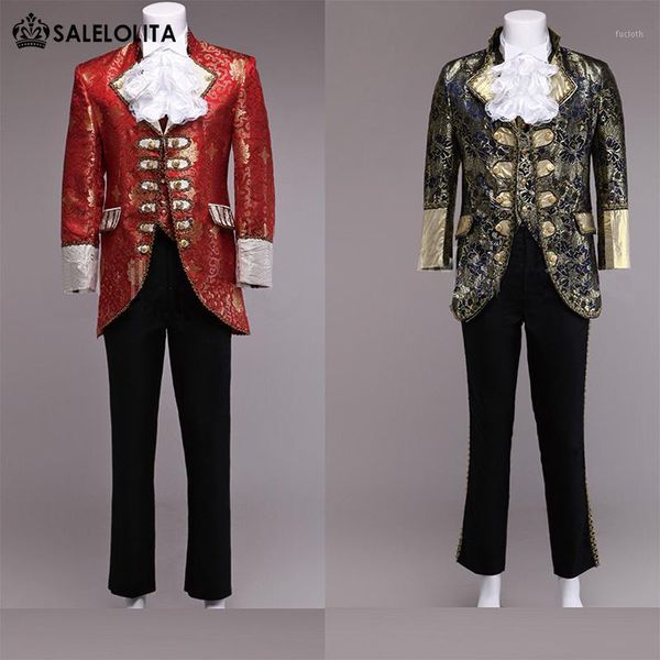

wholesale- high-end red/glod mens prince william suits 4 sets floral renaissance medieval king louise suit period costume(jacket+pant+vest)1, White;black