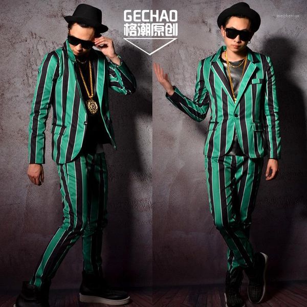 

m-6xl green and black large striped suit hairdresser star nightclub bar singer djds performance costumes1, White;black