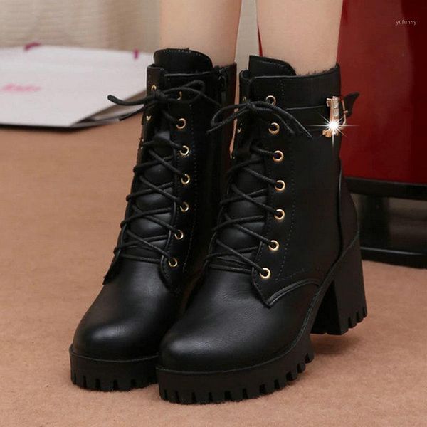 

boots 2021 classic ankle buckle women winter lace up wine red elegant dress shoes woman high heels female zipper rain boot1, Black