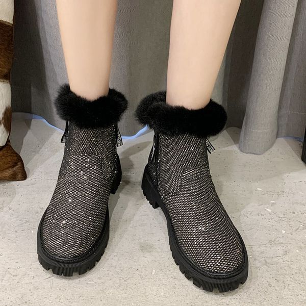 

gleaming sequins square heels for soft woman autumn boots winter shoes, Black