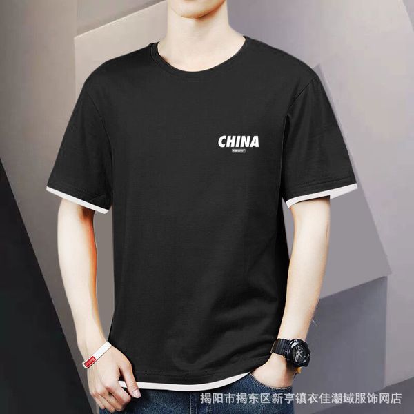 

2021 summer new lovers print simple t-shirt loose round neck fake two short sleeve casual for men, White;black