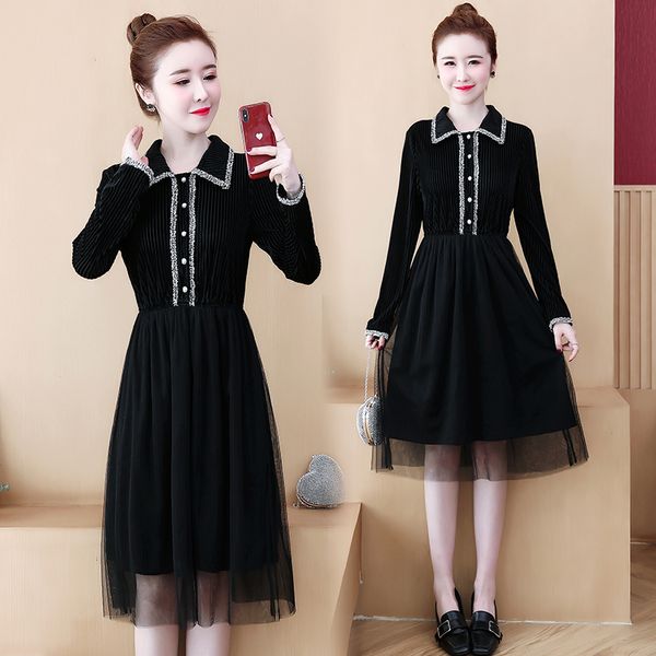 

women more size dressed in autumn fat crocheted velvet shreds to line skater long manga woman wear dresses xud4, Black;gray