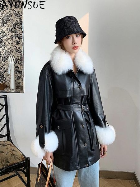 

women's leather & faux ayunsue real jacket women warm down jackets 100% sheepskin coat female fur collar winter clothes 2021 chaqueta m, Black