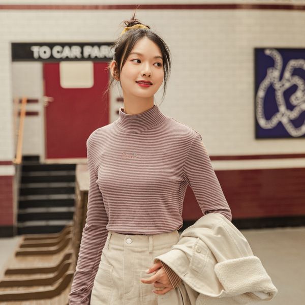 

inman winter new arrivals stripe relax art high collar hooded slim embroidered long sleeve bottomed women's t-shirt 201125, White