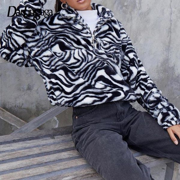 

darlingaga fashion faux fur zebra pattern turtleneck sweatshirt winter clothes women zipper streetwear shaggy pullover hoodies1, Black
