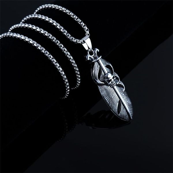 

stainless steel animal bird feather pendant necklace with skull chain skeleton jewelry gift for men women, Silver