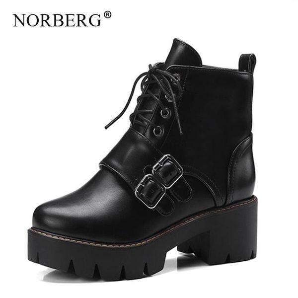 

boots norberg autumn / winter rubber sole women round head thick with british wind retro belt buckle lace-up shoes, Black