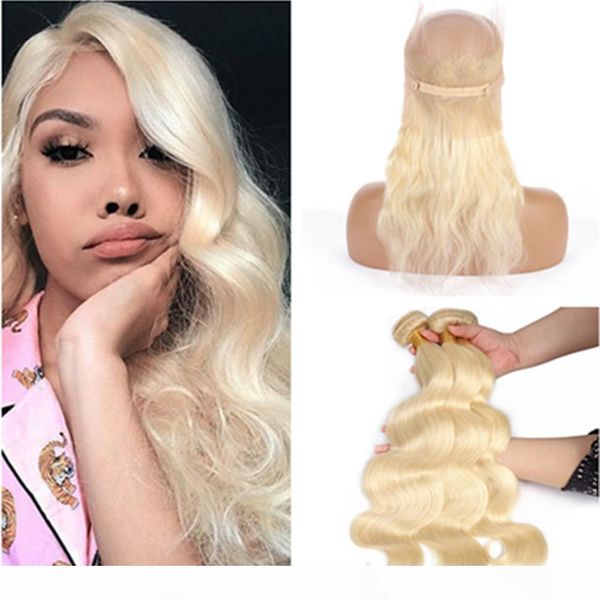

blonde peruvian wavy human hair 360 lace frontal closure with weaves #613 body wave virgin hair 3bundles with 360 closure pre plucked, Black;brown