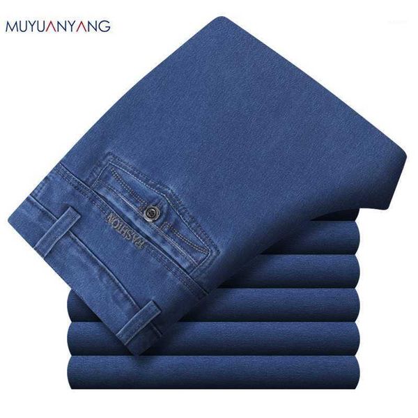 

mu yuan yang denim pants autumn trousers mid waist mens jeans 50% off men' s jeans business casual straight denim long pants1, Blue